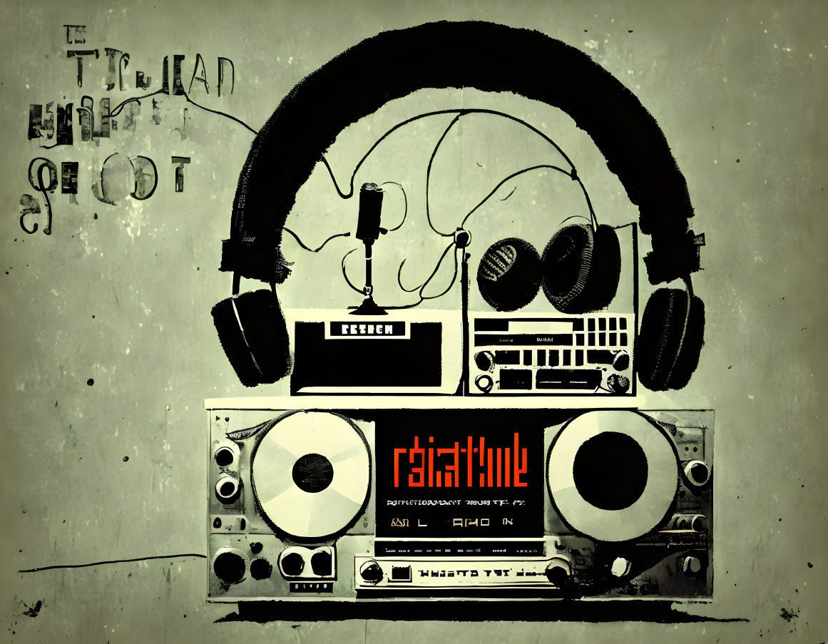 Grunge-style illustration of headphones on boombox with text in stylized font