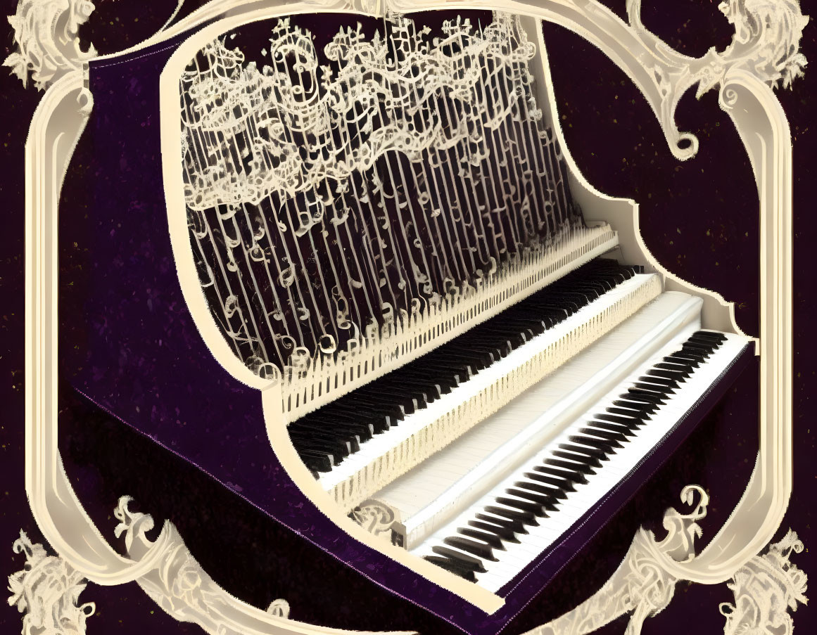 Grand piano illustration with music notes on starry background in white frame