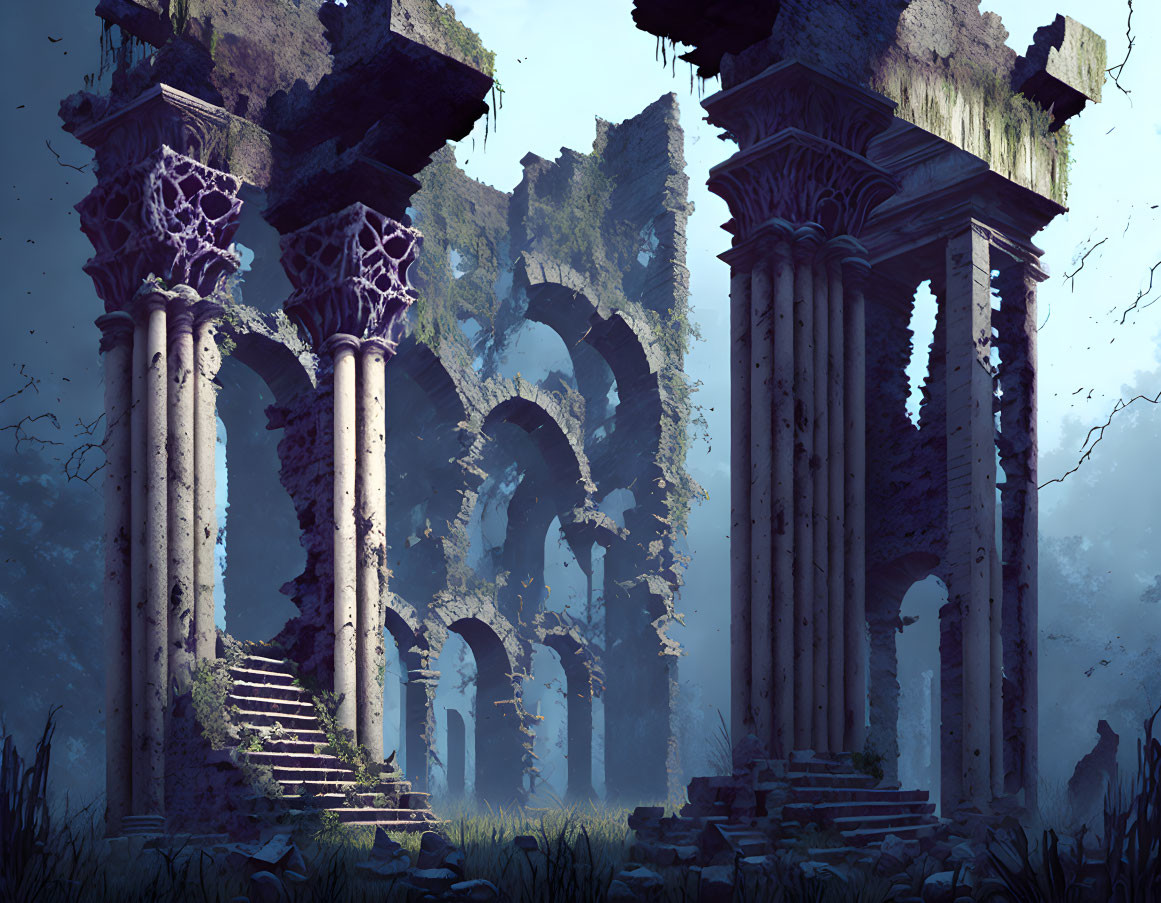 Overgrown ancient ruins in serene forest clearing