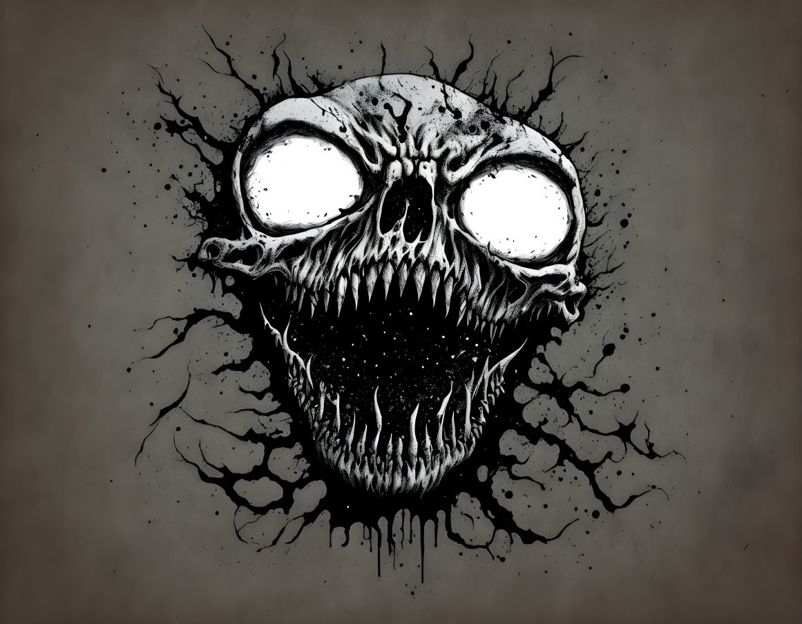 Menacing Skull Illustration with Hollow Eyes and Dark Liquid Splatter on Gray Background