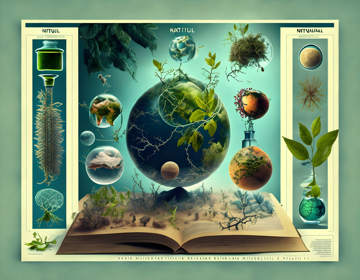 Open book with fantasy planets and natural elements on teal background