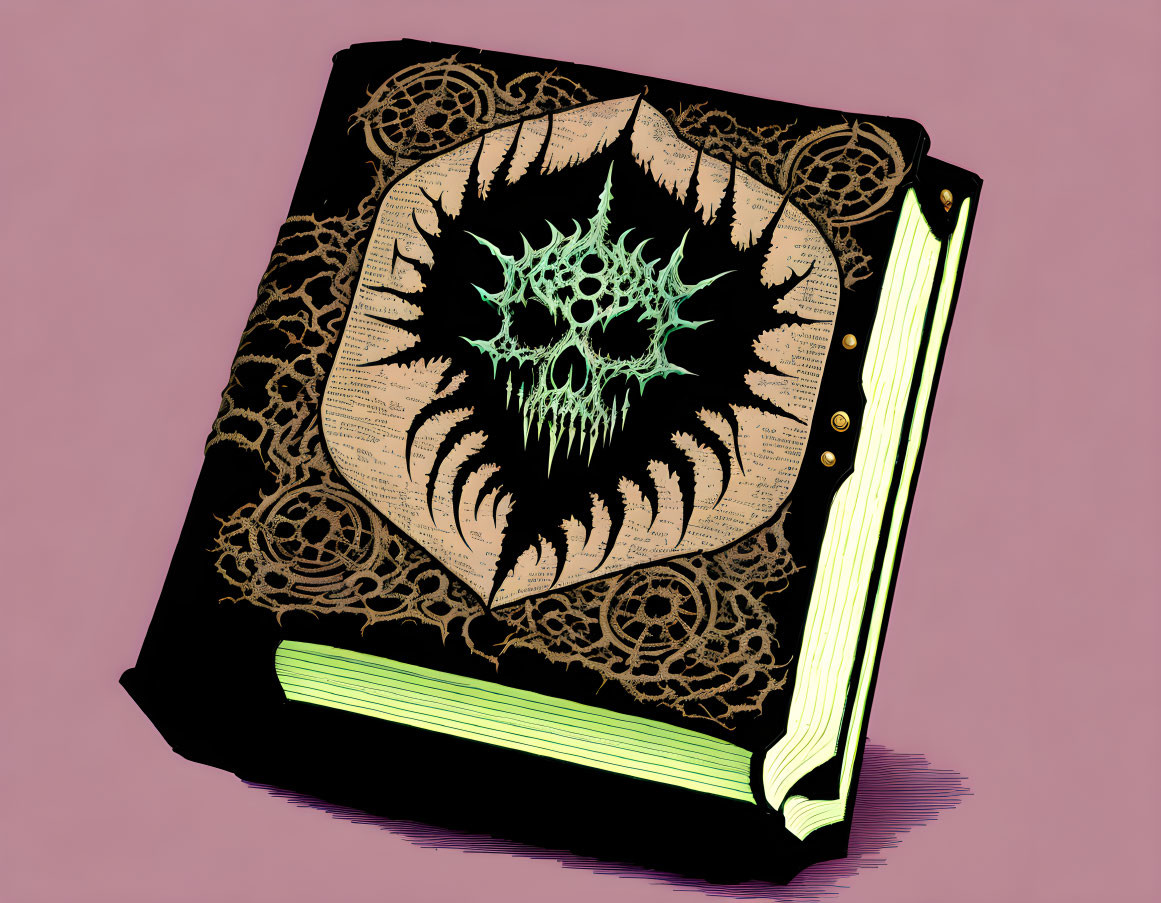 Illustrated Black Book with Green Skull & Gold Designs on Pink Background