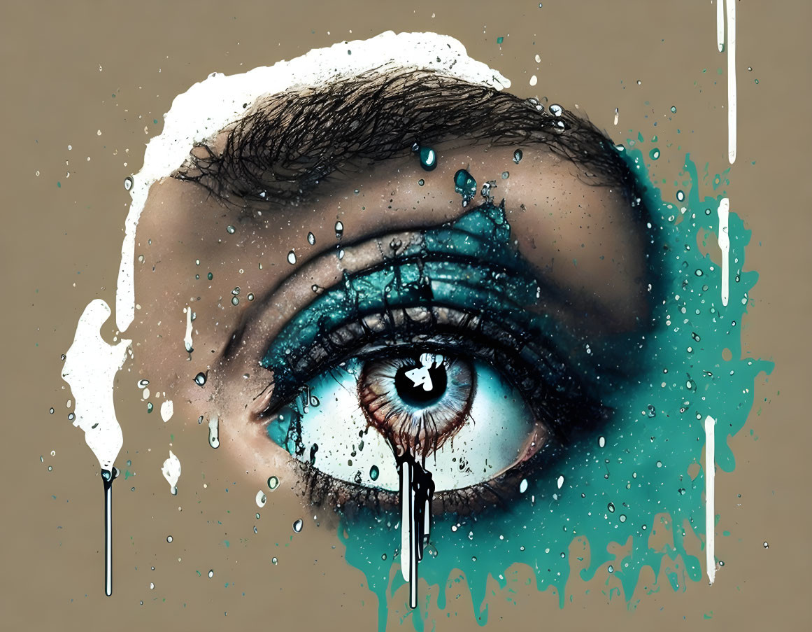 Detailed blue eye with smudged makeup and tears on tan background