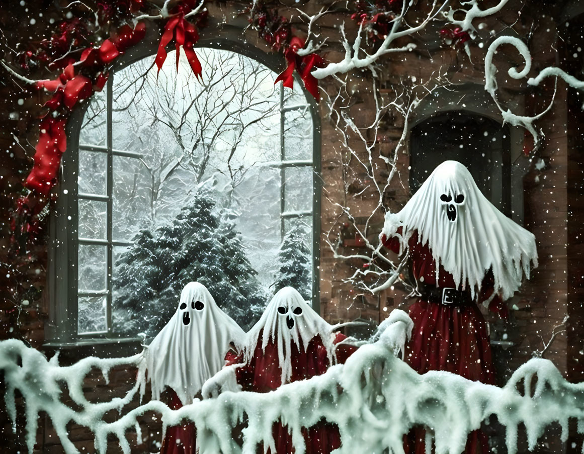 Three ghostly figures in white sheets with black eye holes, dressed in red, in snowy festive scene