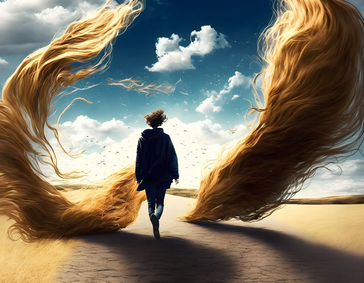 Person in Blue Cloak Approaches Split Path with Giant Hair-like Structures