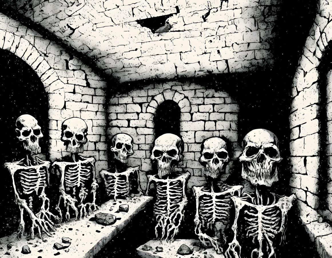 Seven skeletal figures at table in dim, brick-walled room