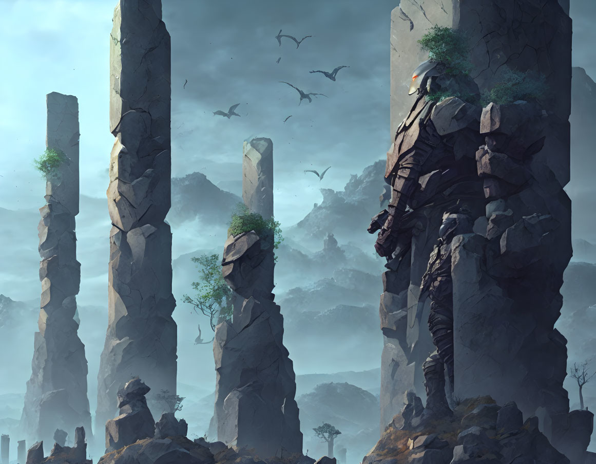 Mystical landscape with towering stone pillars in hazy blue atmosphere