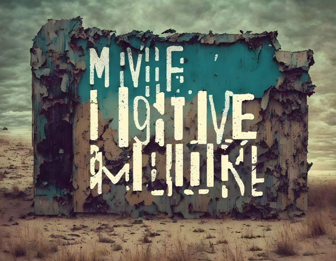 Abandoned desert building with peeling paint and faded letters