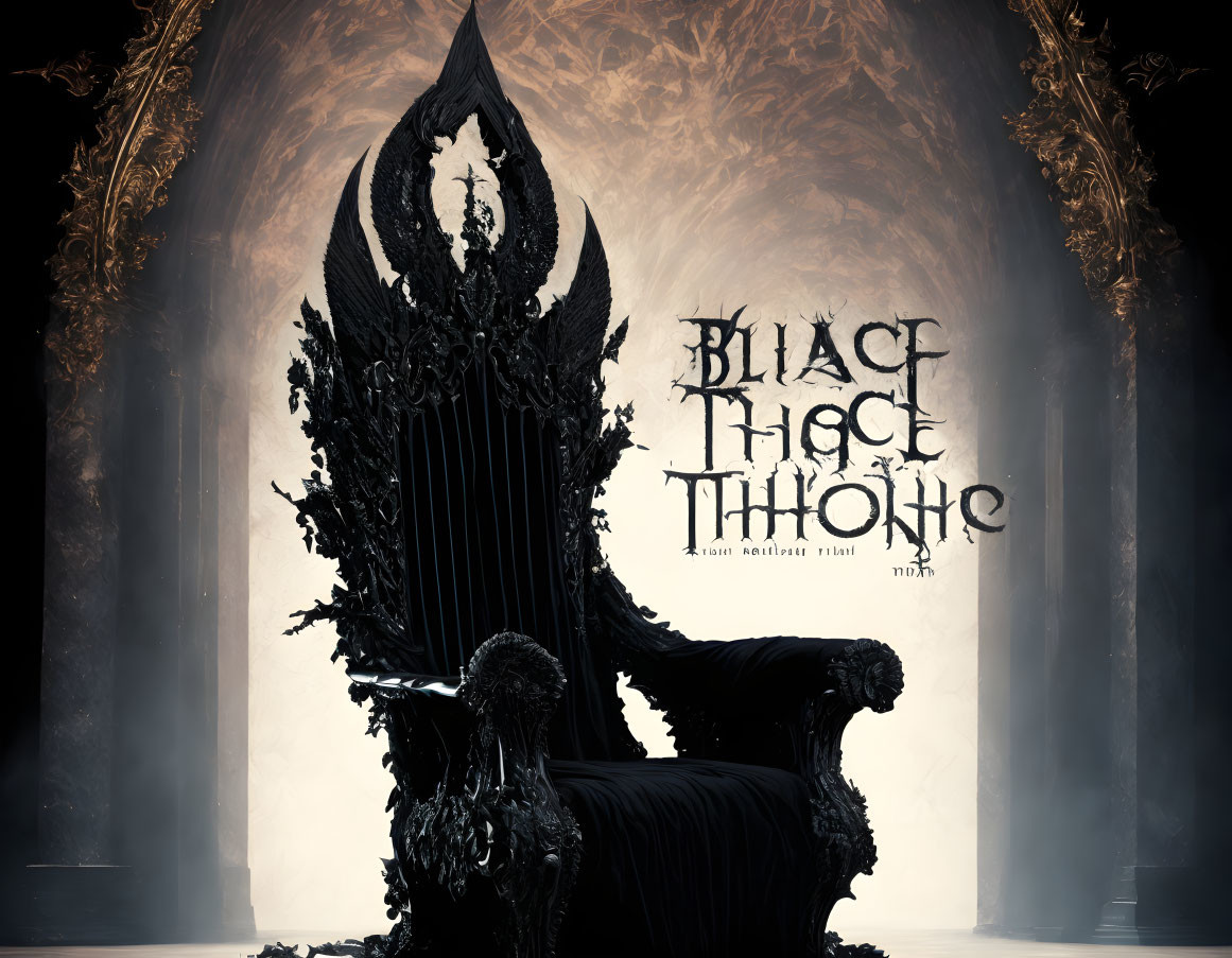 Intricate Black Throne in Dark Room with Mist