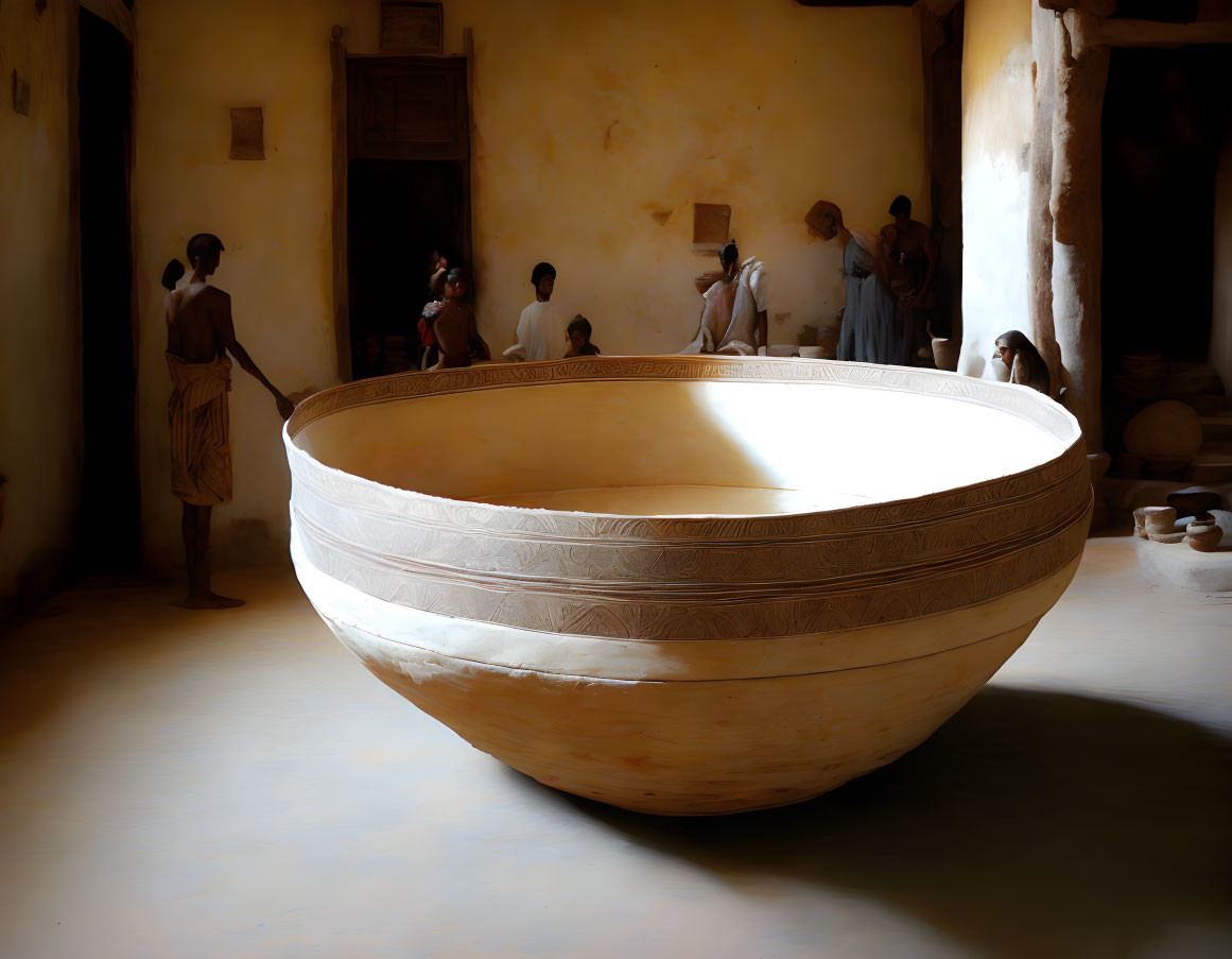 Ornate bowl in earth-toned room with historical figures engaging in activities