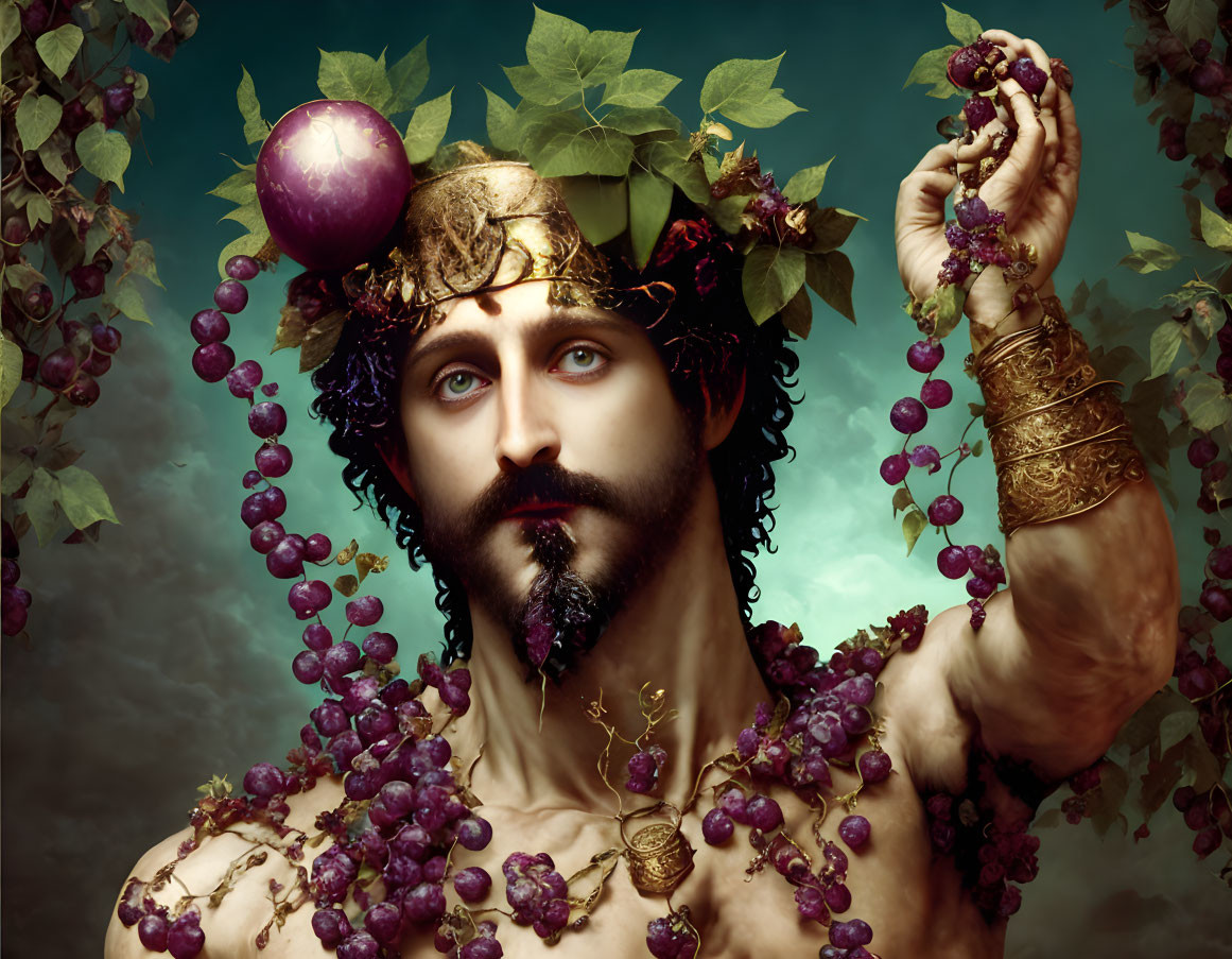 Man with grape clusters, crown, and intense gaze.