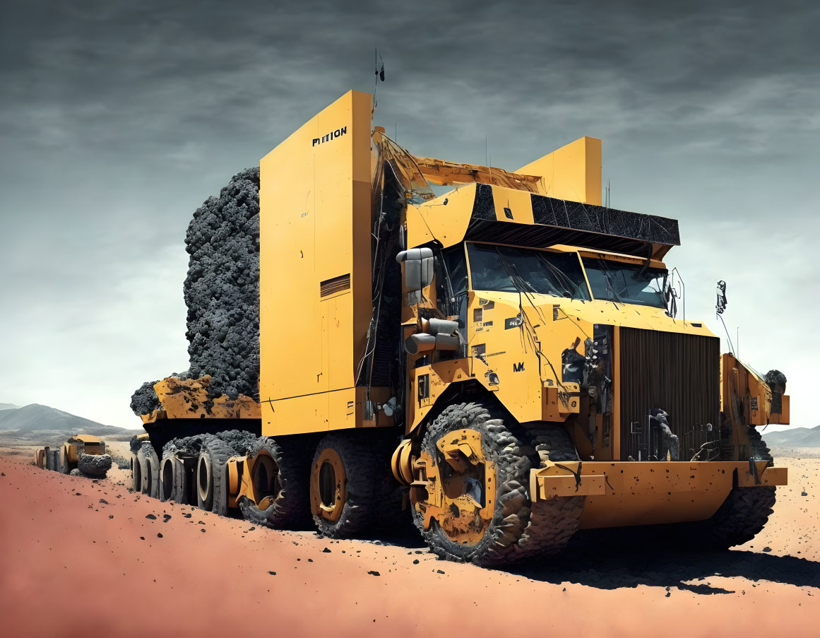 Massive yellow mining dump truck carrying coal in barren landscape