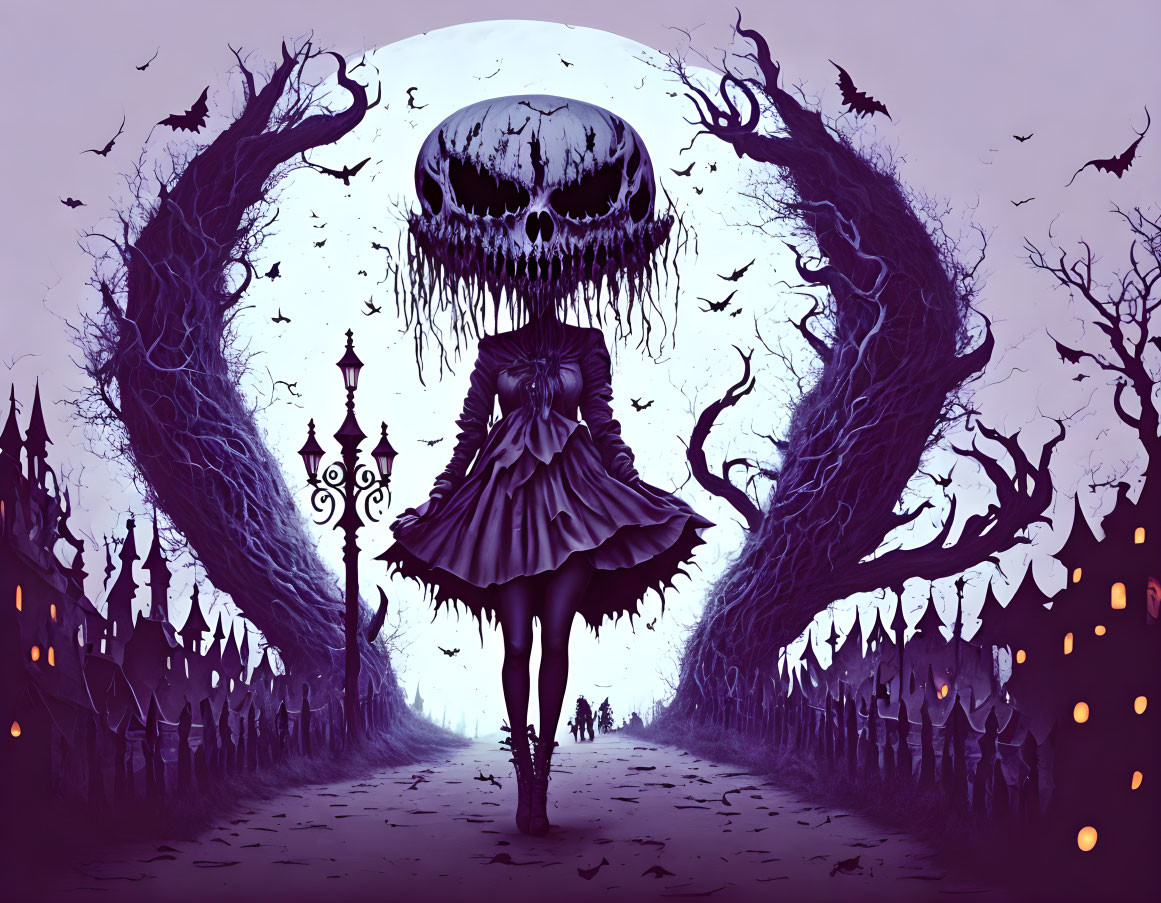 Gothic artwork: girl walking to giant skull in purple sky