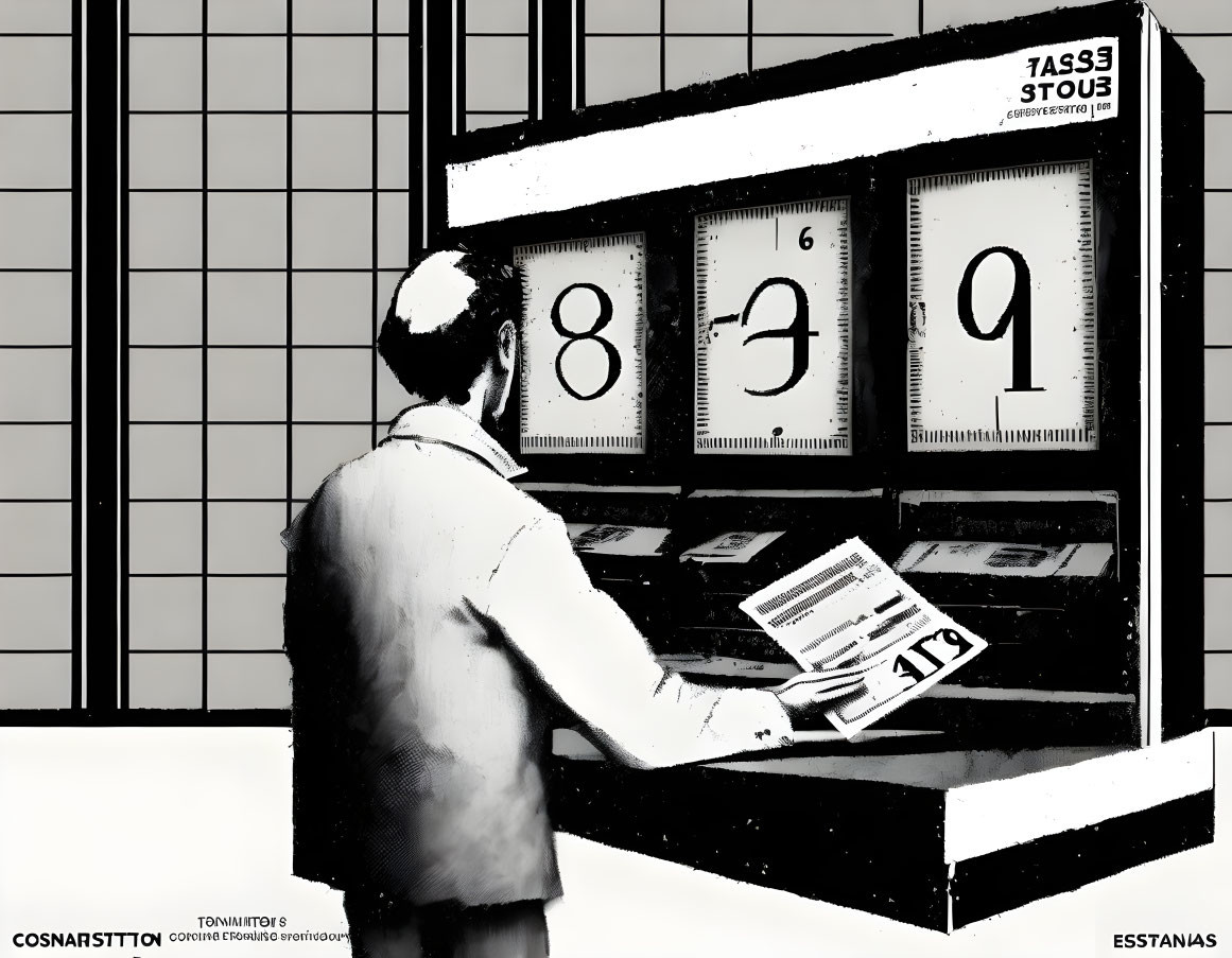 Man in white coat reading newspaper at counter with large flip clock numbers showing times 8:39 and