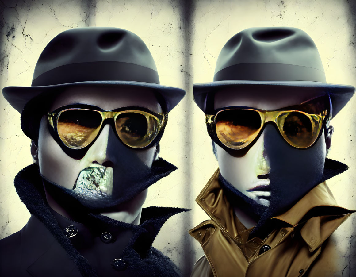 Surreal image: figures with obscured faces, hats, sunglasses, cracked background