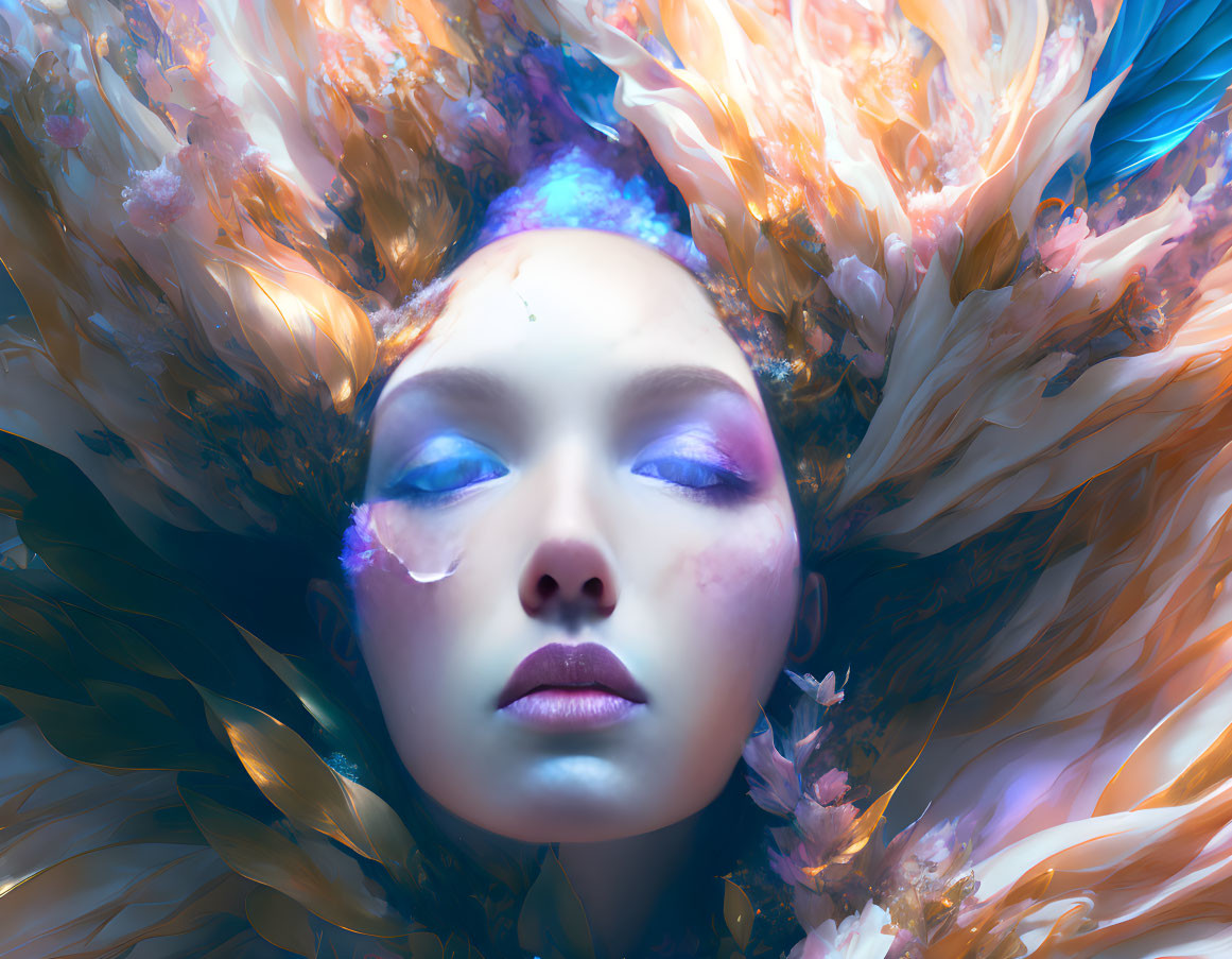 Serene face with vibrant abstract feathers and petals in blue, orange, and white hues