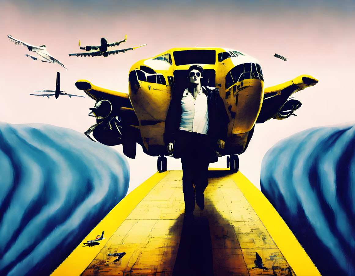 Surreal image of person in suit on yellow path near airplane door