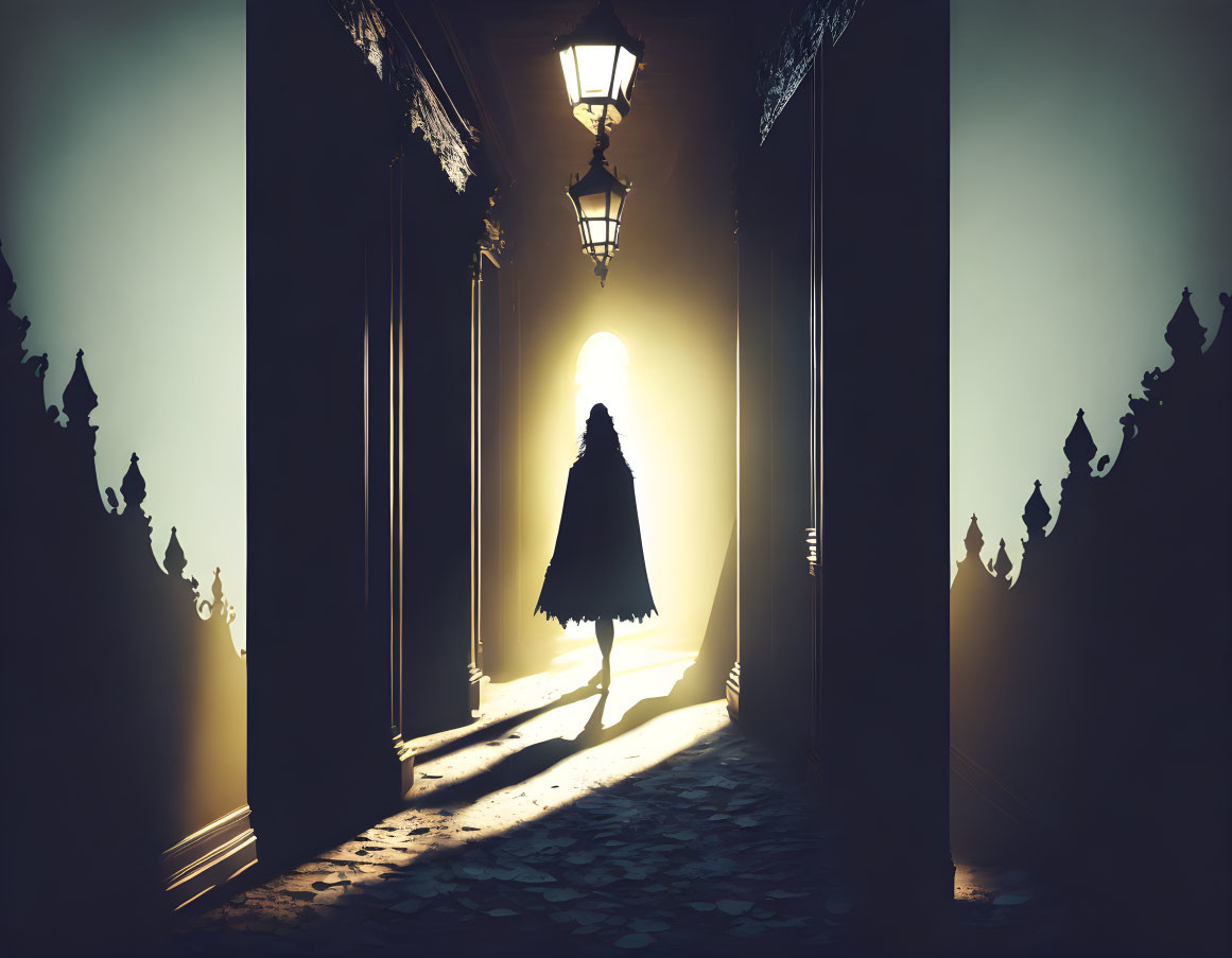 Silhouette of a person in cloak in ornate, lantern-lit hallway