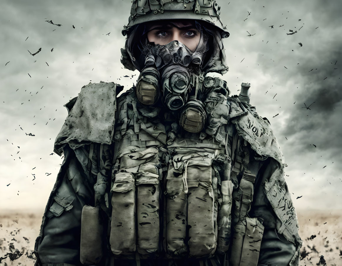 Gas mask soldier in combat gear in post-apocalyptic landscape with birds