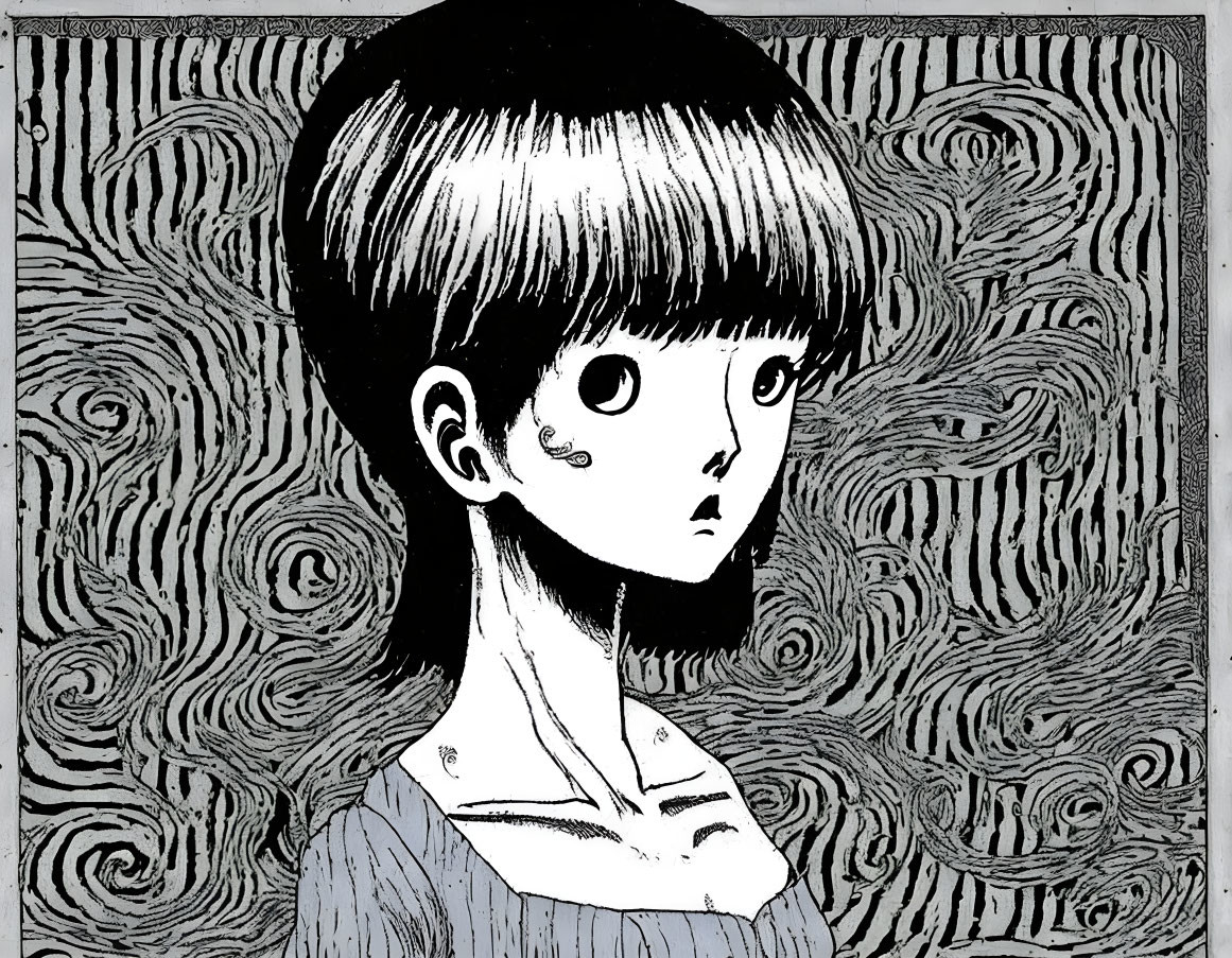 Girl with Bob Haircut and Large Eyes in Van Gogh-Style Black and White Illustration