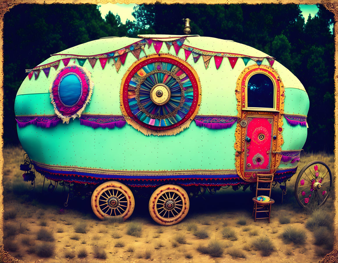 Colorful Bohemian Decorated Vintage Caravan in Sandy Forest Setting