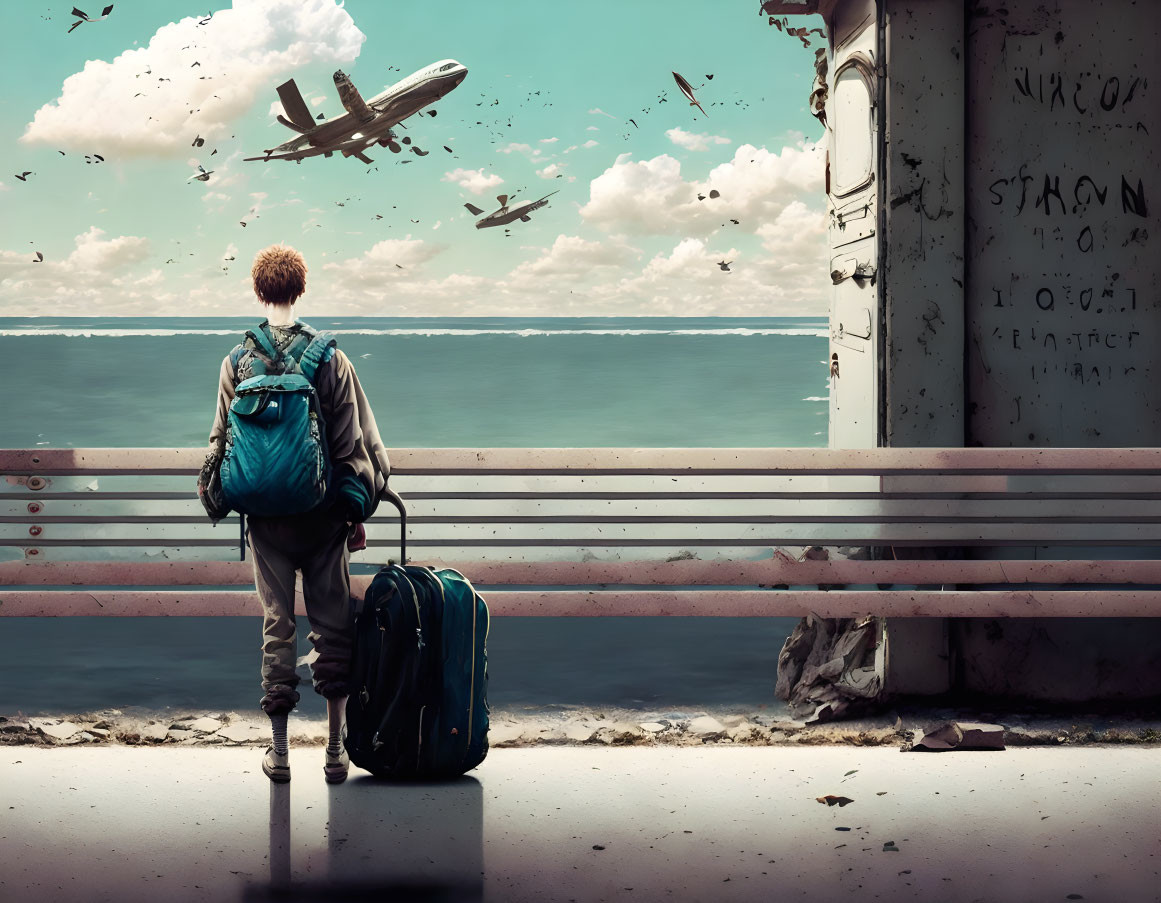 Person with backpack and suitcase on broken bridge observing planes amid crumbling structures and dramatic clouds