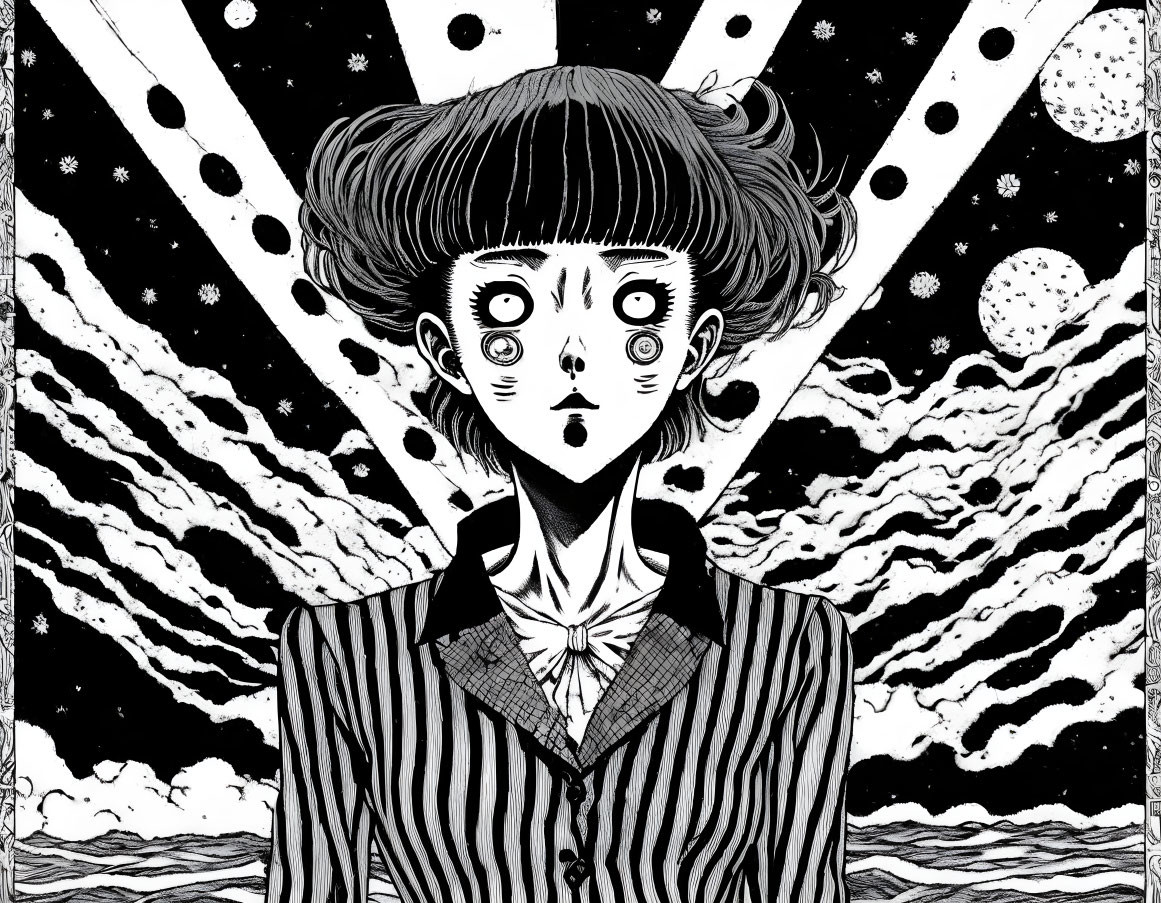 Monochrome wide-eyed character with cosmic beams in starry space