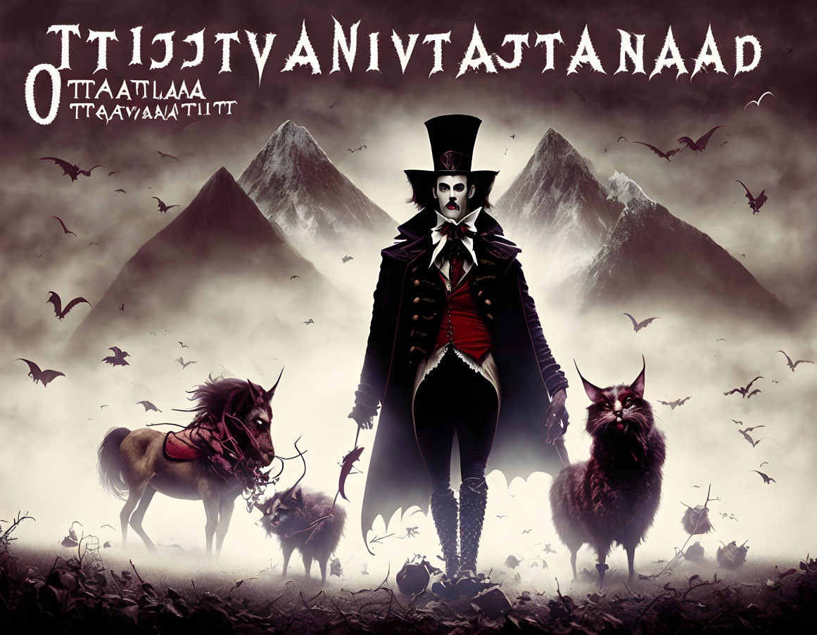 Gothic figure in top hat with fantasy beasts, mountains, bats, and obscured text.