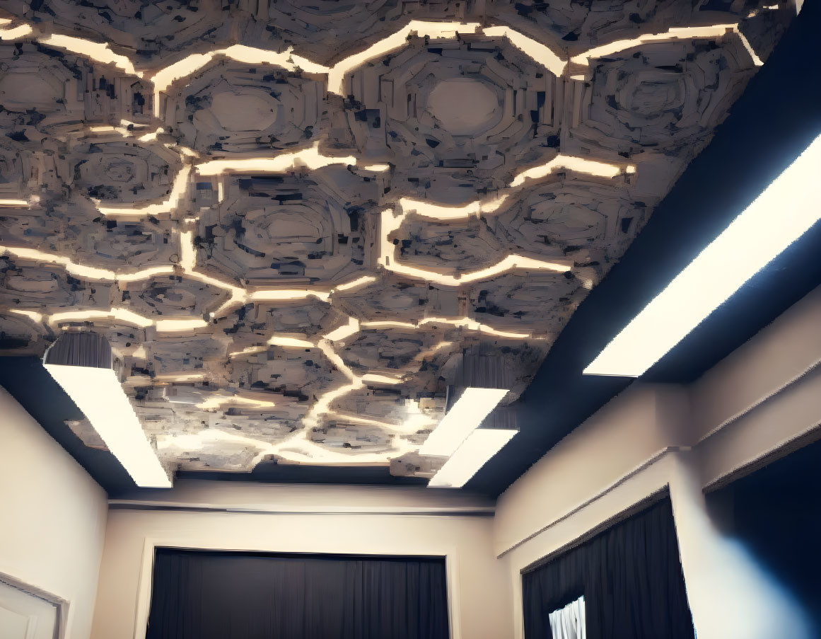 Hexagonal Patterned Ceiling with Recessed and Pendant Lighting