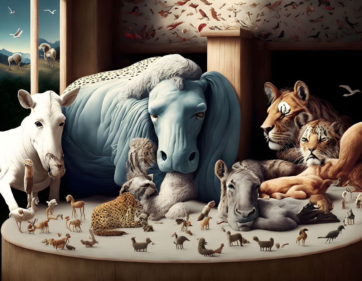 Surreal animal portrait with human-like features in pastoral room