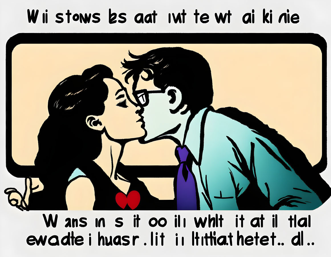 Illustration of kissing couple with jumbled text overlay parodying eye test.