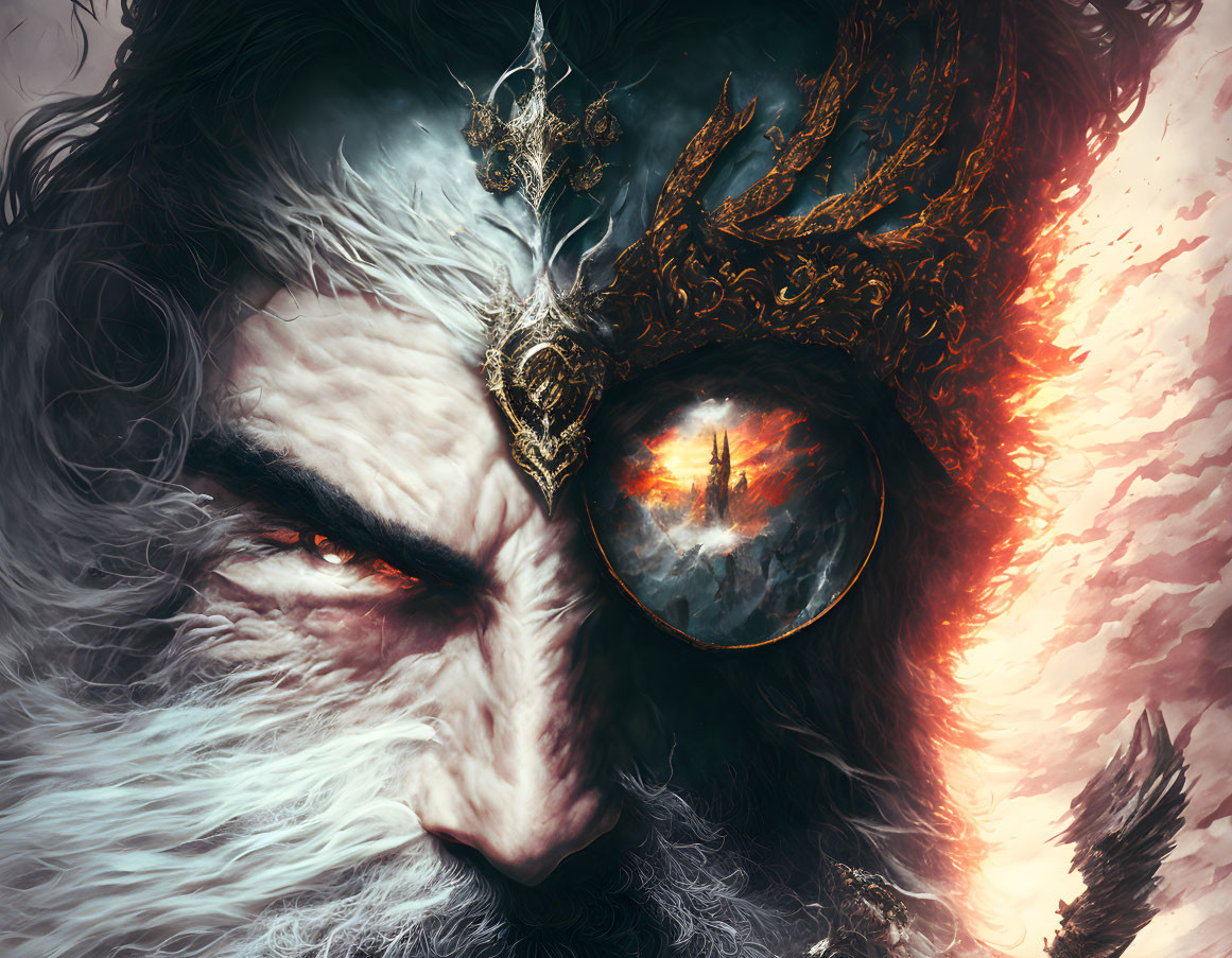 Fantasy artwork: Bearded figure with fiery crown and glowing eye