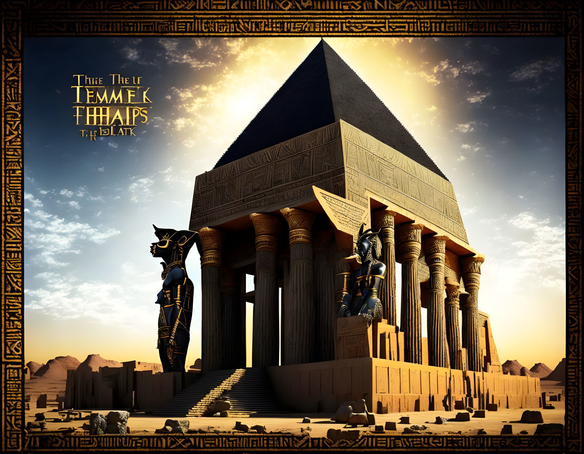 Digitally crafted Egyptian temple with pyramid, statues, hieroglyphics, and dramatic sky.