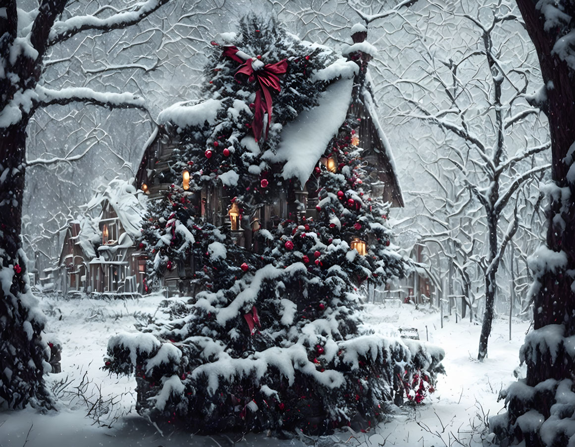 Snowy Cabin Decorated for Christmas in Winter Forest