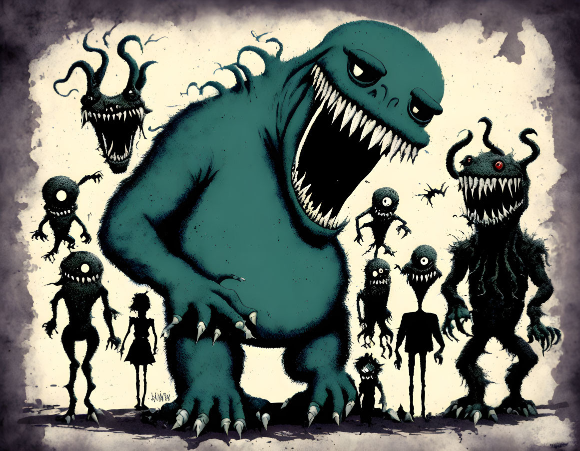 Menacing monsters with creepy eyes and sharp teeth on grungy backdrop