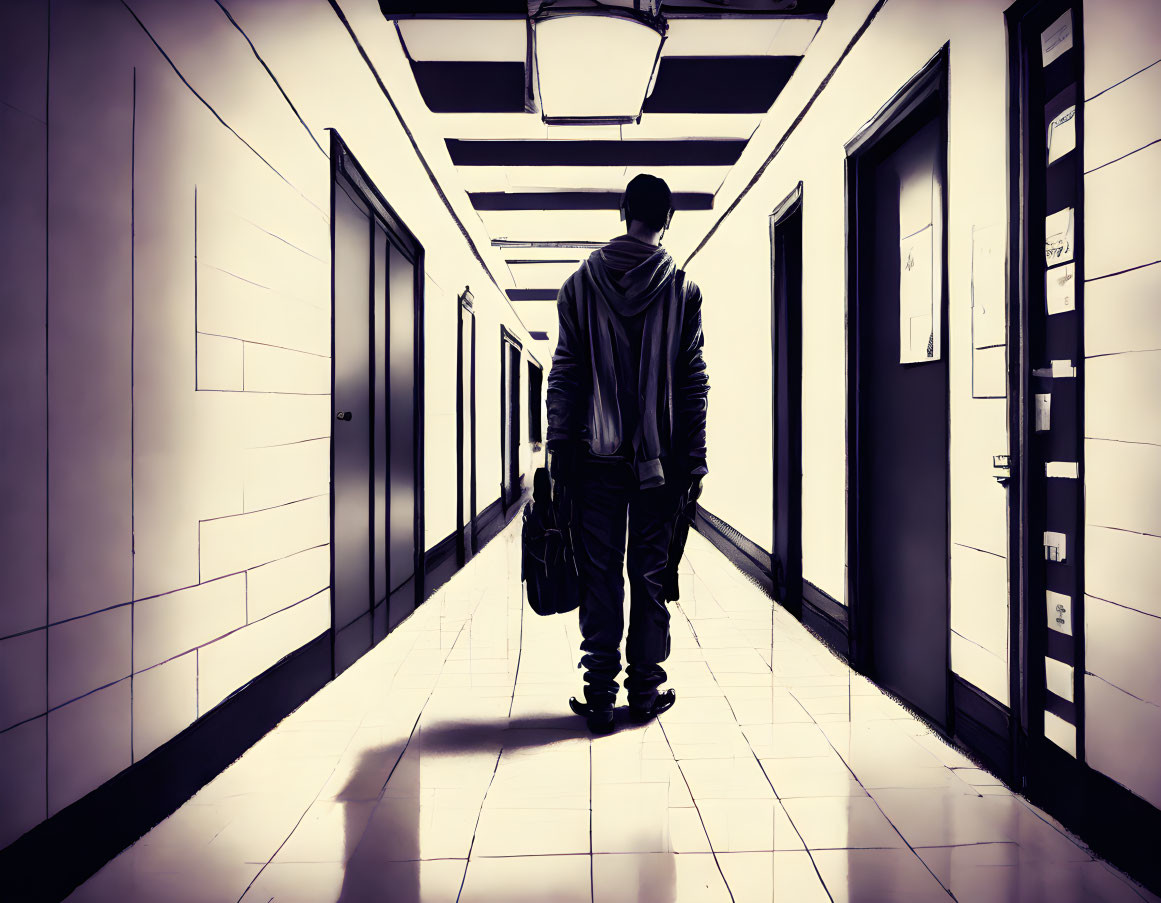 Monochrome corridor with closed doors and strong light contrasts