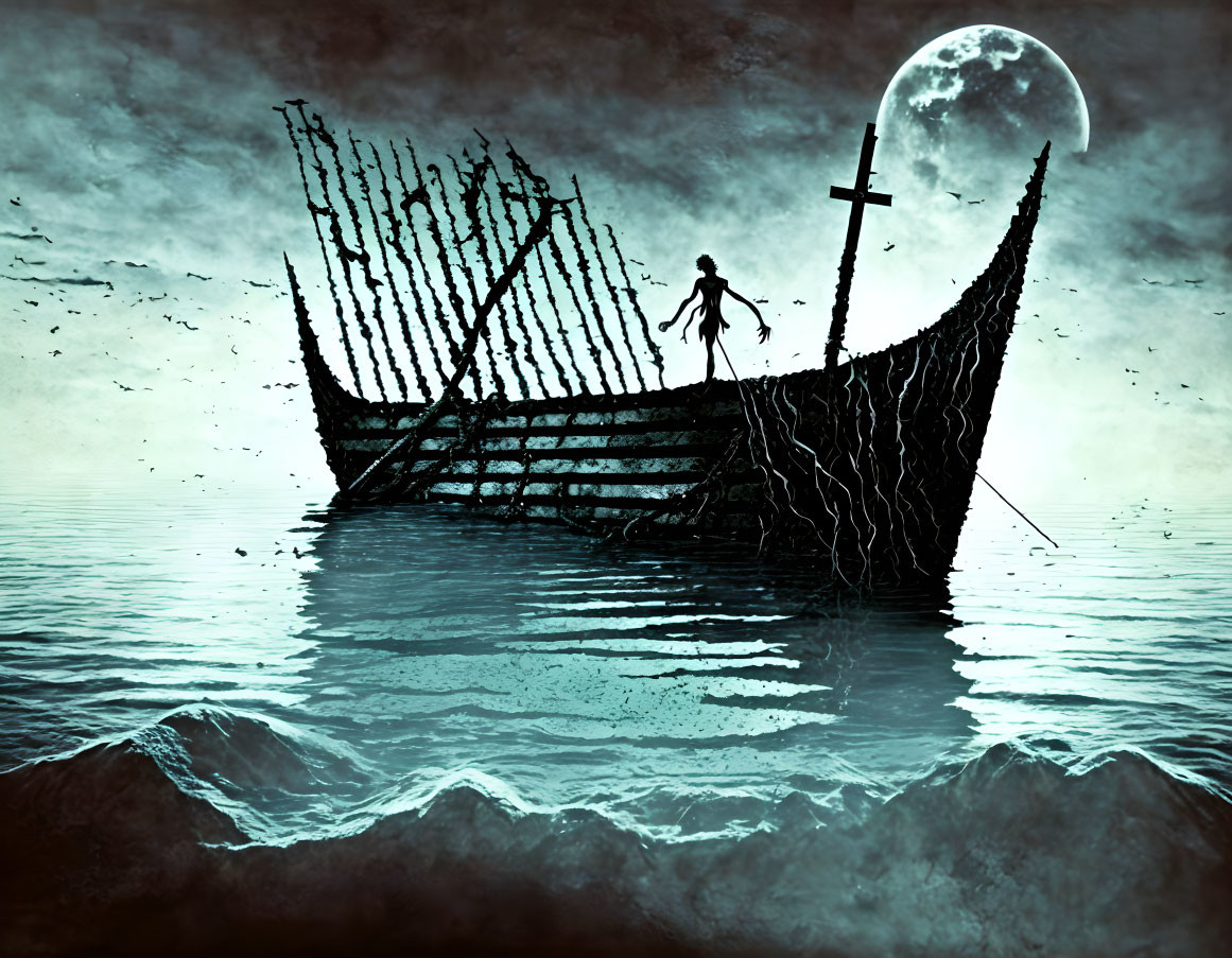 Ghostly shipwreck with tattered sails under a full moon and solitary figure on bow in twilight