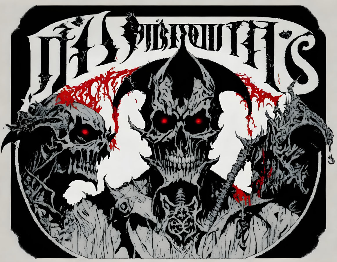 Monochrome graphic of three skulls with red eyes in gothic font