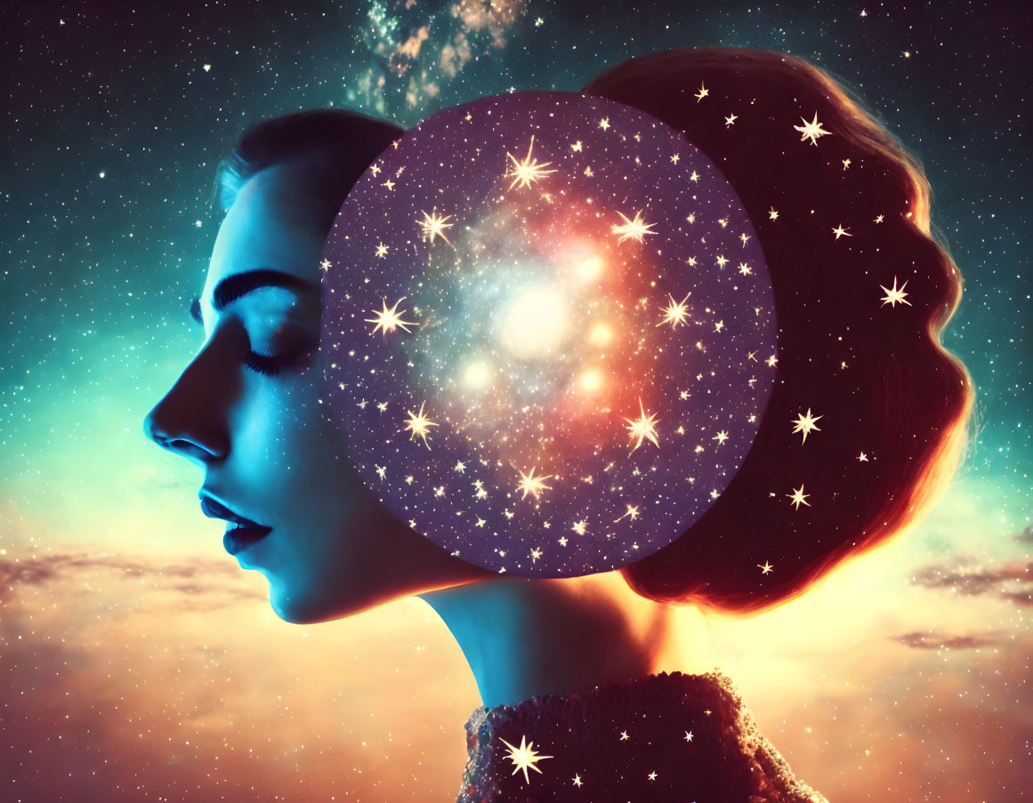 Woman's Side Profile with Cosmic Galaxy Background