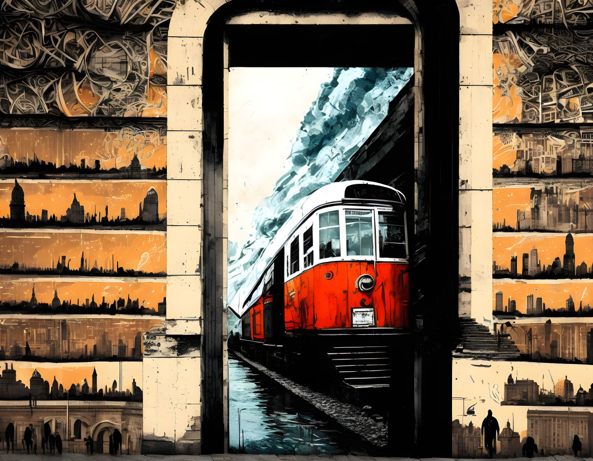 Red vintage tram emerging from tunnel in cityscape with decorative border