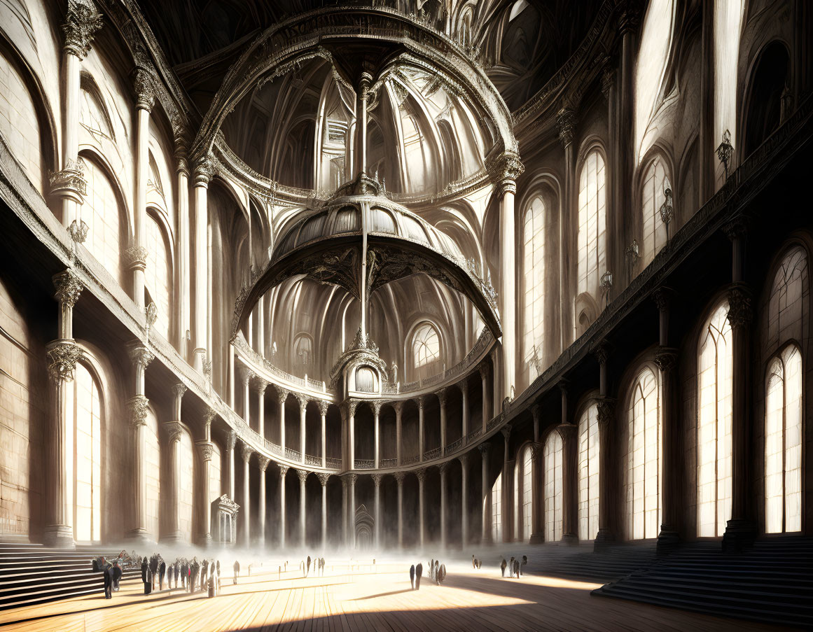 Ornate cathedral interior with towering pillars and arched windows