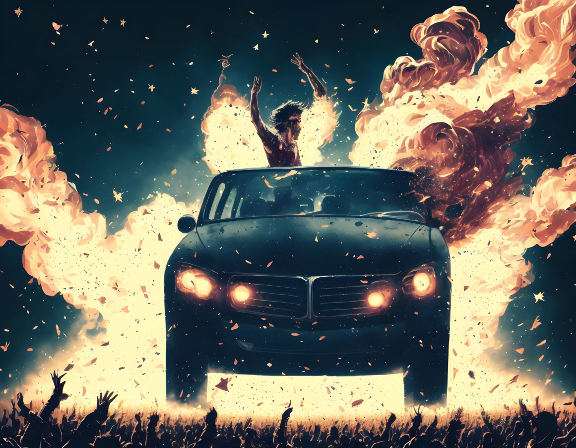 Person on car under starry sky with magical swirls and fire-like clouds