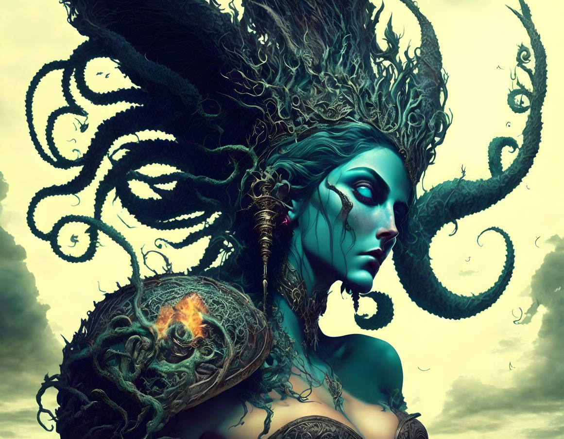 Fantastical artwork: Blue-skinned woman with ornate headgear and swirling tentacles under mo