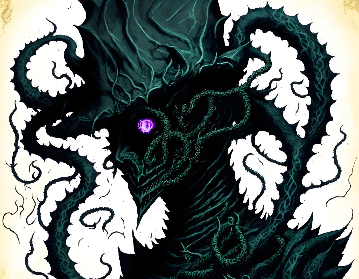 Dark creature with tentacles and violet eyes in mystical artwork