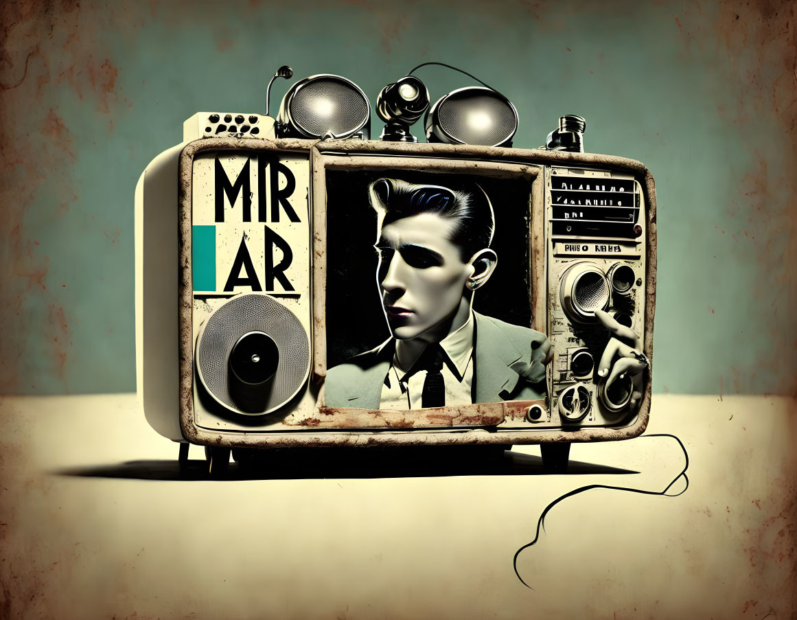 Vintage Radio Illustration with Man's Face on Tuner Display