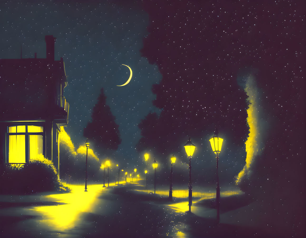 Glowing house window in cozy night scene with street lamps, silhouetted trees, cres