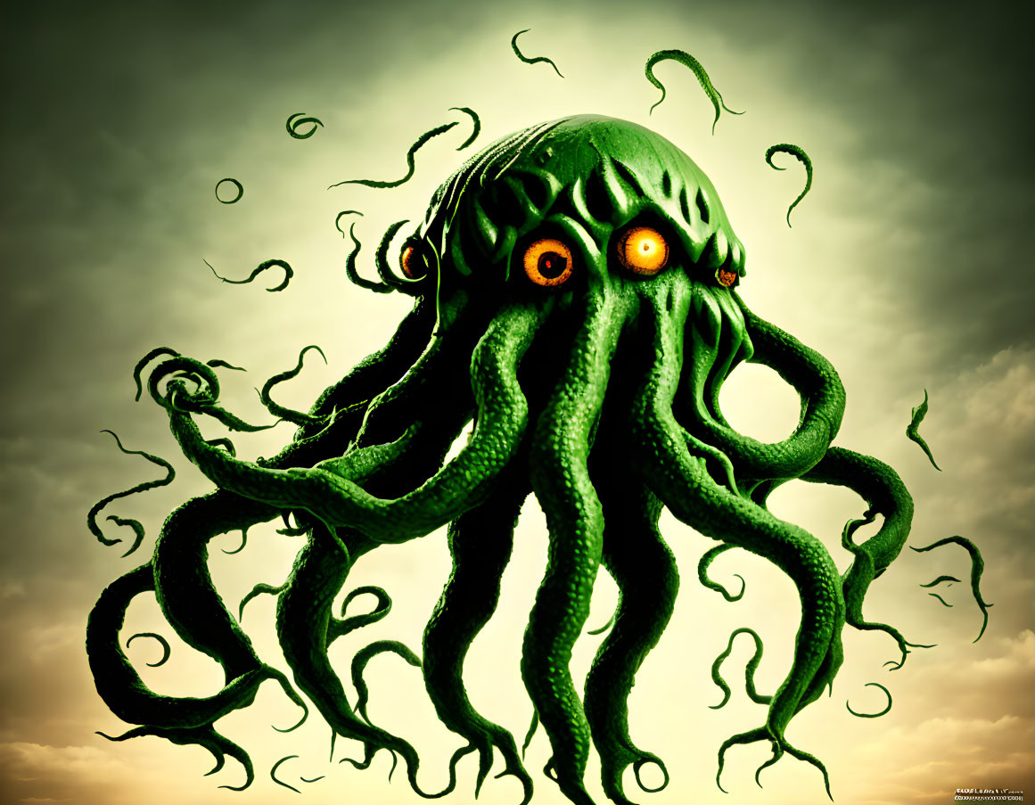 Green octopus with swirling tentacles and orange eyes in cloudy sky