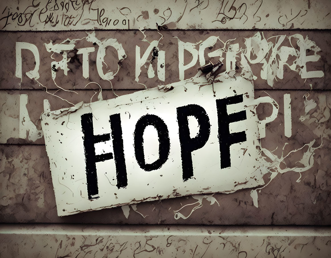 Weathered "HOPE" sign on graffiti-covered wall symbolizes resilience.