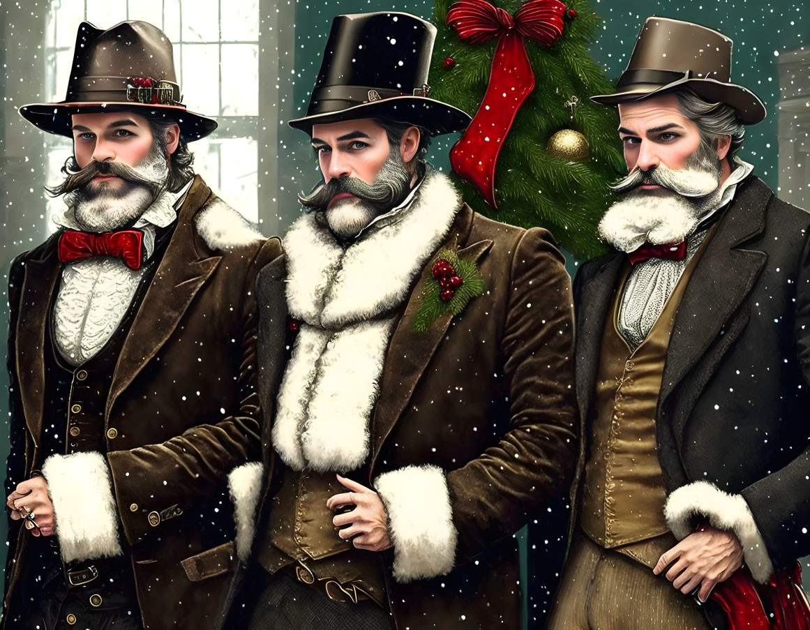 Vintage Styled Men in Elaborate Suits and Top Hats with Snowy Christmas Tree