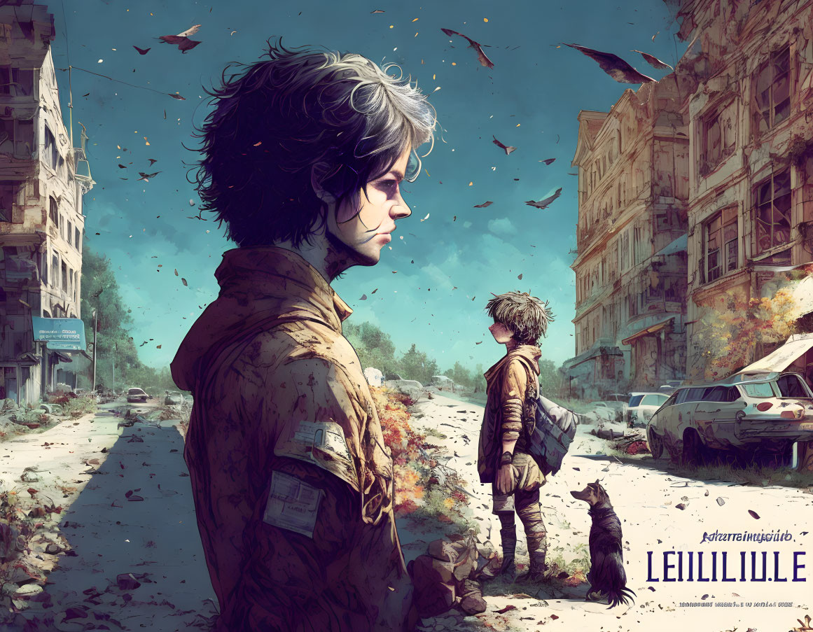 Post-apocalyptic digital illustration of two individuals, a cat, derelict buildings, abandoned cars,